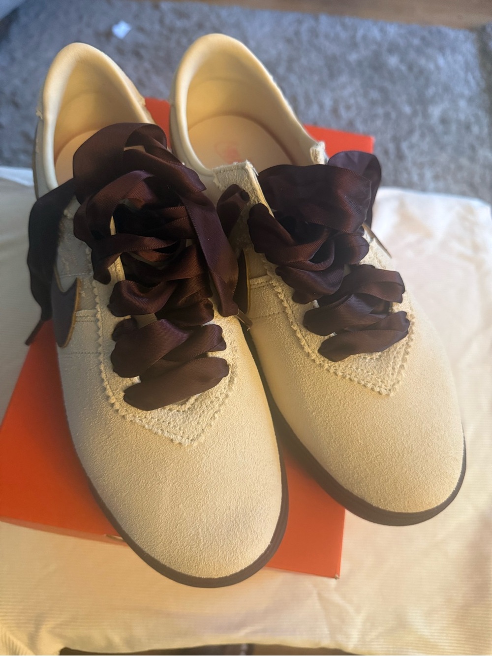 NIKE Women’s Cream Suede Lace-Up Sneakers with Satin Ribbon Laces